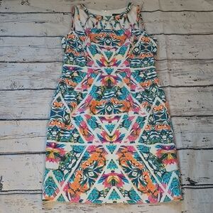 Adrianna Papell Blue Pink Caged Yoke Floral Kaleidoscope Print Sheath Dress 10